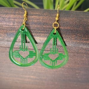 Sparkly Green Zia Symbol Dangle Earrings